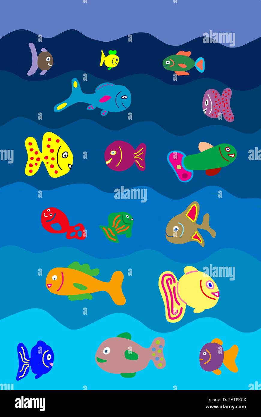 Naive illustration, Children's drawing, Various colorful fish, Germany Stock Photo