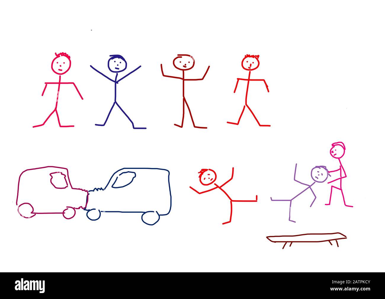 Naive illustration, children's drawing, stick figure, car accident,Germany Stock Photo