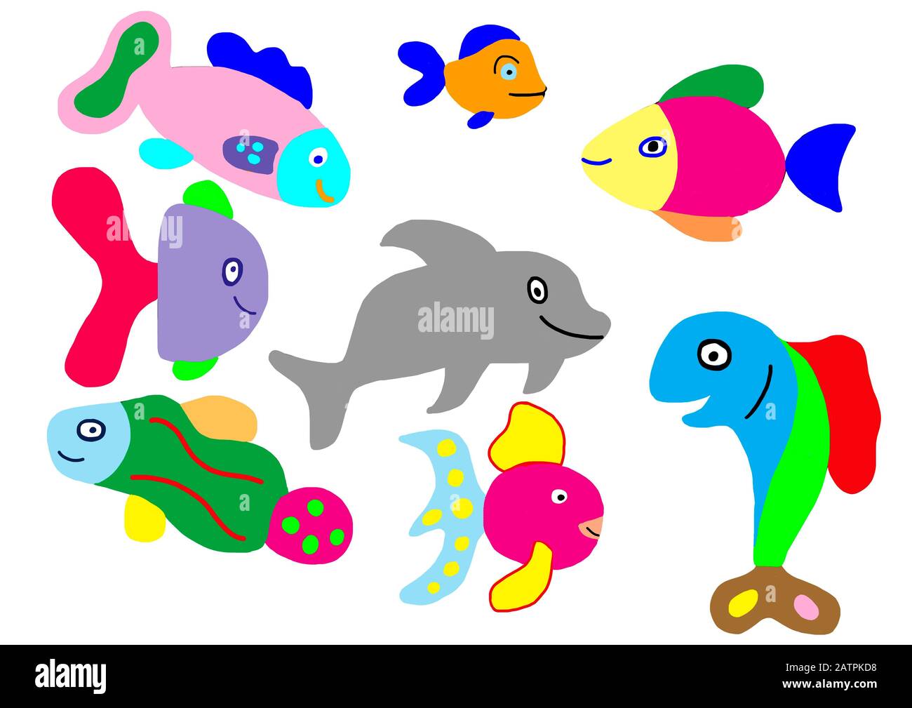 Naive illustration, Children's drawing, Various colorful fish, Germany Stock Photo