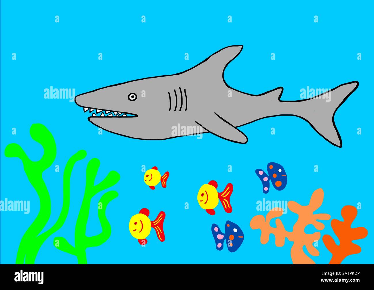 Naive illustration, children's drawing, shark and various colorful fish, Germany Stock Photo