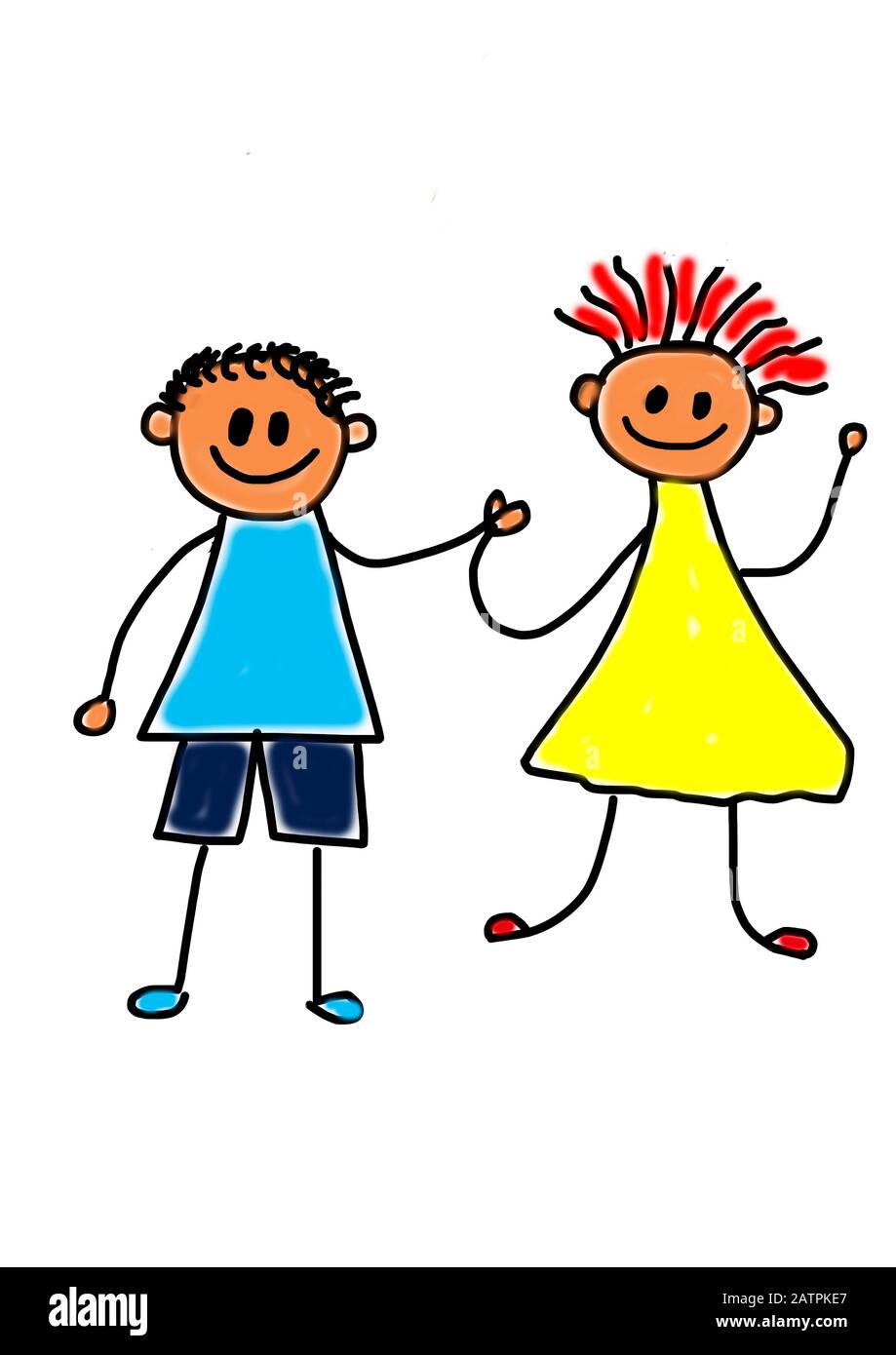 Naive illustration, children's drawing, two happy children standing hand in hand, Germany Stock Photo