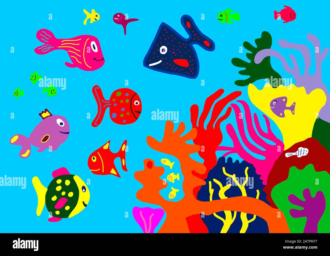 Naive illustration, Children's drawing, Various colorful fishes in the coral reef, Germany Stock Photo