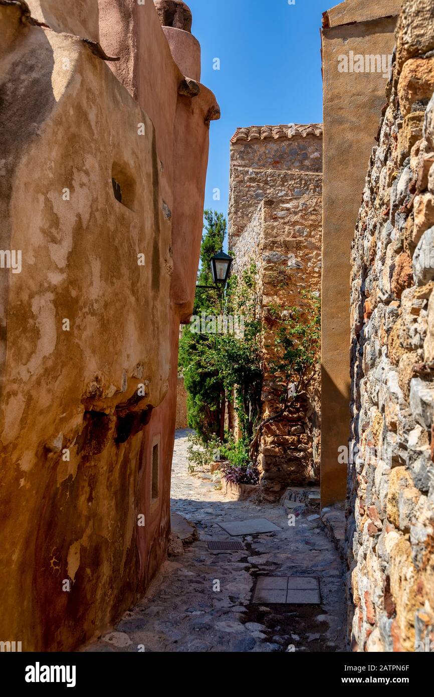 View of the old town of Monemvasia in Lakonia of Peloponnese, Greece. Stock Photo