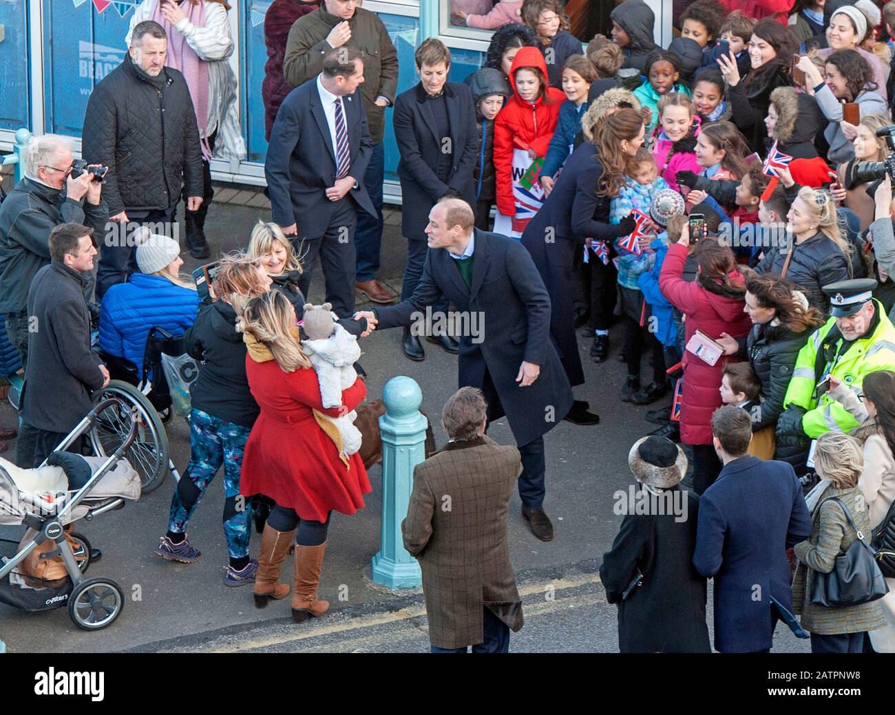 Mumbles Pier - Swansea - Wales - UK - 4th February 2020 Prince William, Duke of Cambridge and Catherine, Duchess of Cambridge meeting local schoolchildren after a visit to the RNLI Lifeboat Station in Mumbles near Swansea today.  Pic by Lisa Dawson Rees Credit: Phil Rees/Alamy Live News Stock Photo