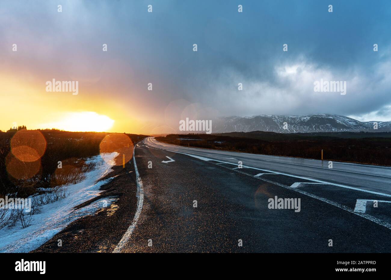 icelandic road in rainy weather raindrops on the camera Stock Photo