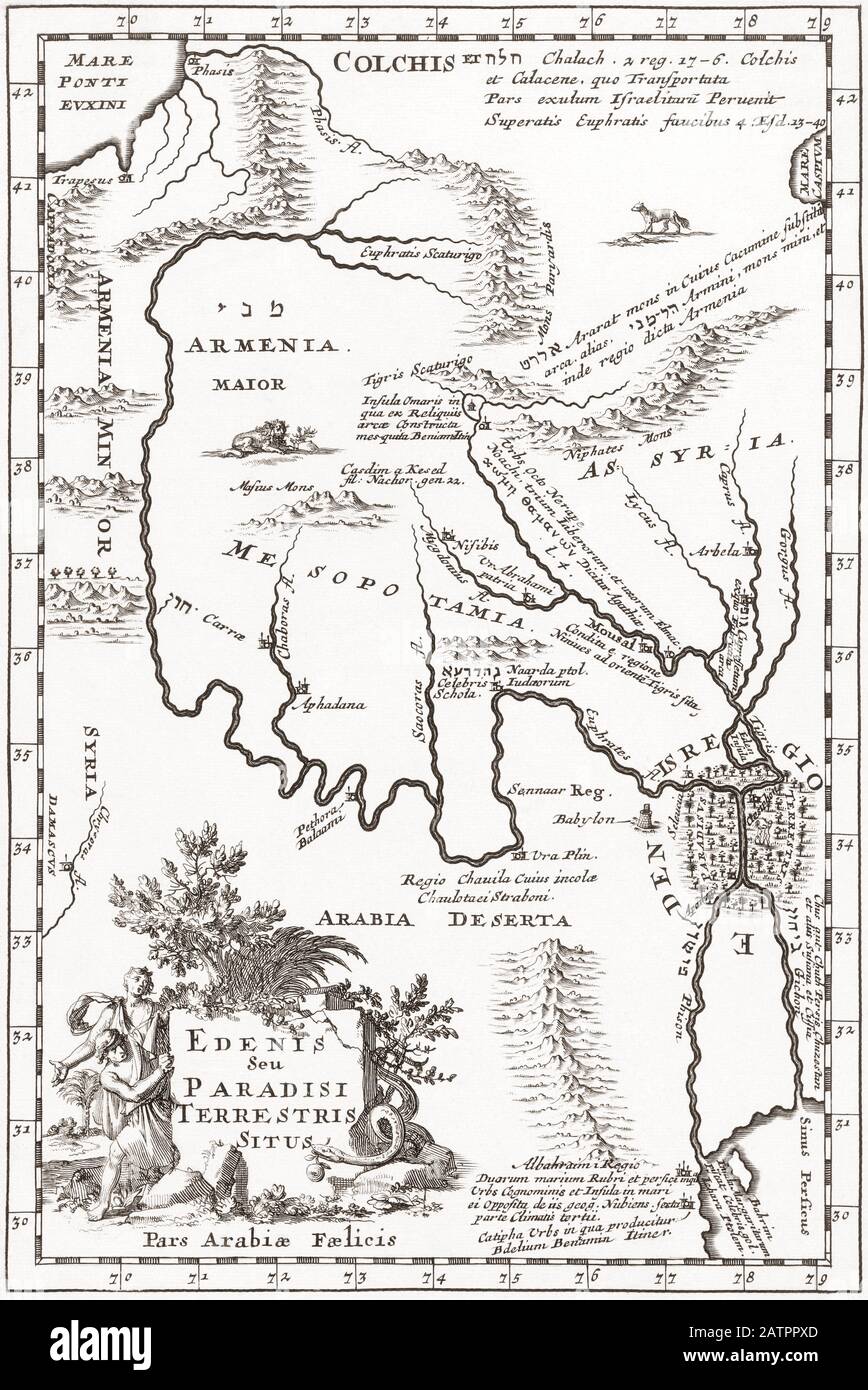 Imagined situation of the Garden of Eden, in this case, in Mesopotamia, just east of Babylon. After a map by Jan Luyken from a work by Samuel Bochart, 1599 – 1667, in Borchart’s  ‘Geographia Sacra’ (Leiden, 1692).  Bochart places the Garden of Eden at the confluence of Euphrates and Tigris.  The tiny figures of Adam and Eve are just visible.engraving,vintage,picture,print,period Stock Photo