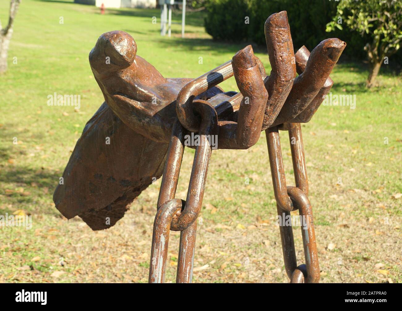 Edgard, Louisiana, U.S.A - February 2, 2020 - A hand monument near Whitney Plantation Stock Photo