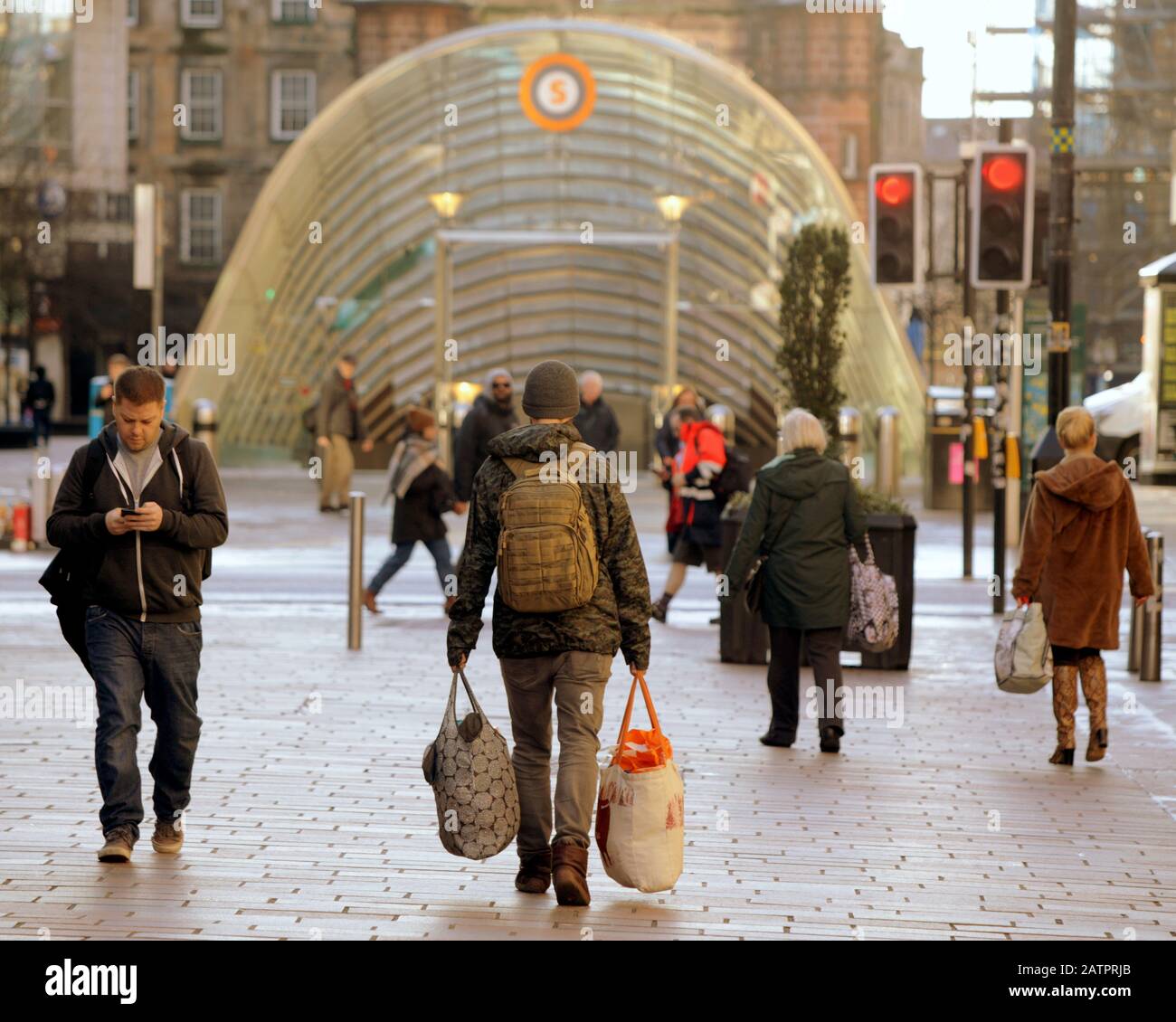 Glasgow, Scotland, UK, 4th February, 2020: UK Weather: Sunny in the city centre as locals and tourists enjoy the first good day of the year at st enoch subway om buchanan street the style mile. Copywrite Gerard Ferry/ Alamy Live News Stock Photo