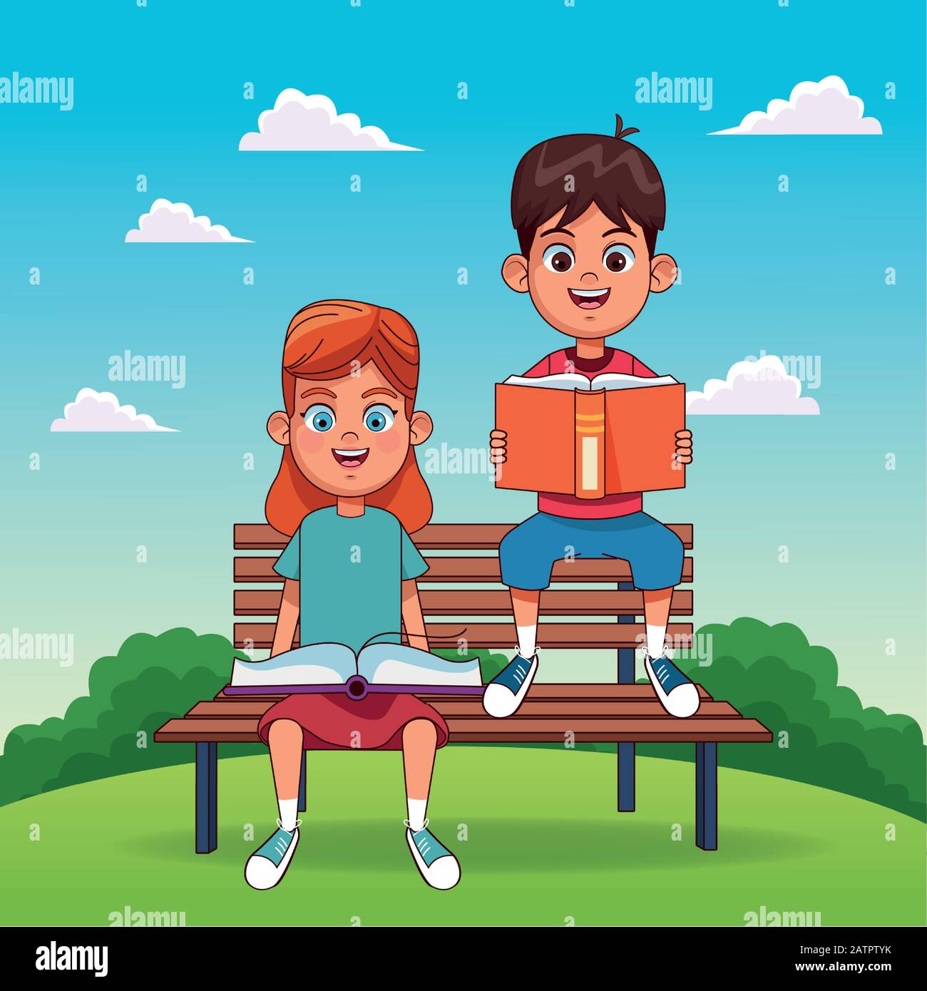 cartoon boy and girl reading books sitting on park bench Stock Vector Image  & Art - Alamy