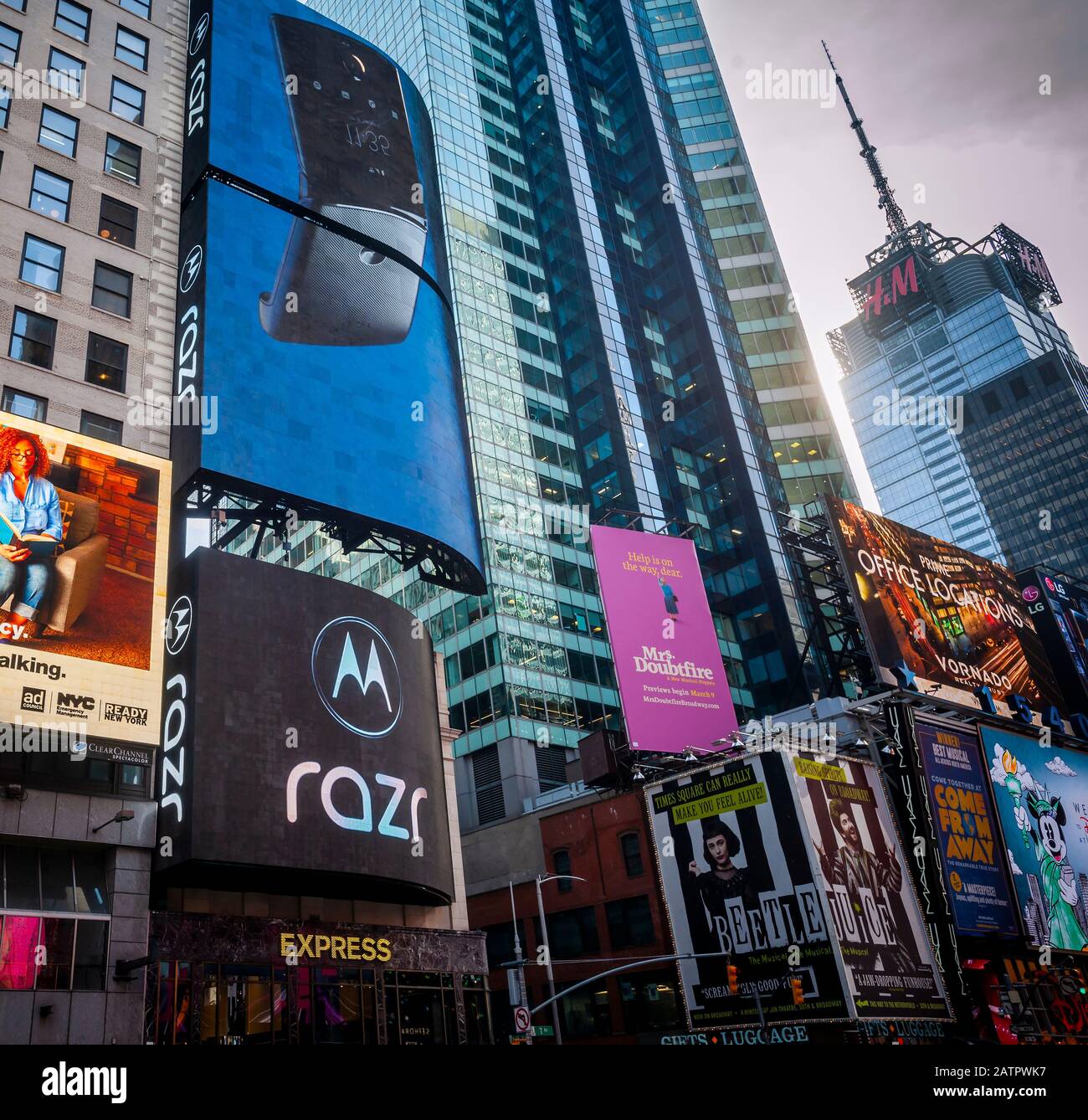 Advertising in Times Square in New York for the Motorola Razr, a foldable flip phone, on Thursday, January 30, 2020. The phone will go on sale February 6 with Verizon as its exclusive carrier.  (© Richard B. Levine) Stock Photo