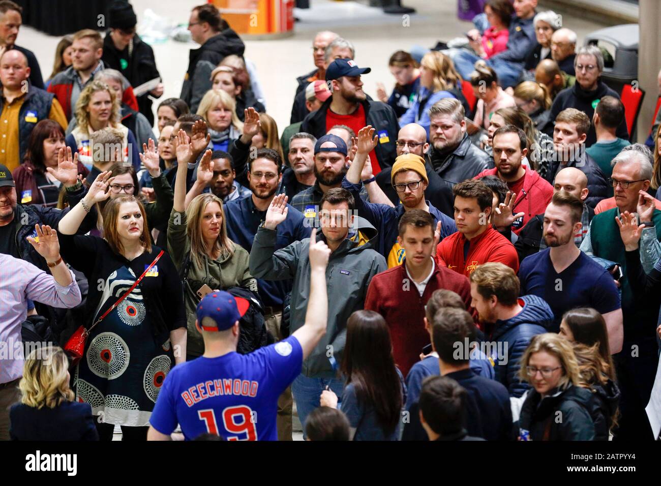 Des Moines, USA. 3rd Feb, 2020. Democratic voters attend the caucus at the Wells Fargo Arena in Des Moines, Iowa, the United States, Feb. 3, 2020. Iowa, a state in the Midwestern United States, is holding Democratic and Republican caucuses Monday night, kicking off the 2020 U.S. presidential primary. Credit: Li Muzi/Xinhua/Alamy Live News Stock Photo