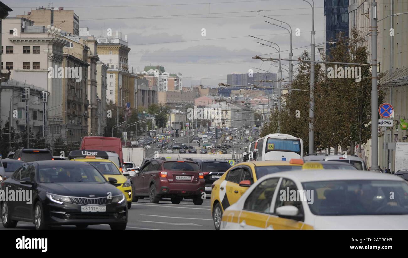 MOSCOW - OCTOBER 14: Car traffic on the main street of Tverskaya on October 14, 2018 in Moscow, Russia. Stock Photo