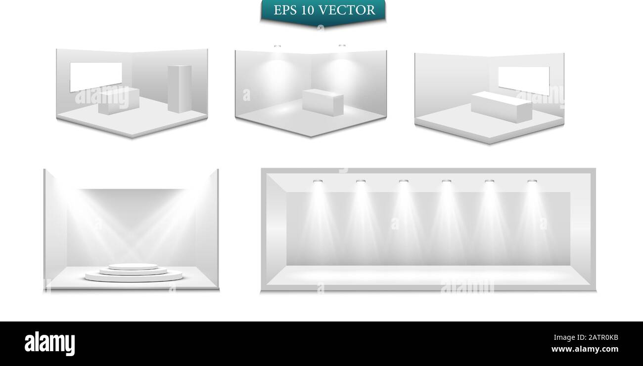 A set of studio rooms with 3D furniture. A podium, pedestal or platform ...