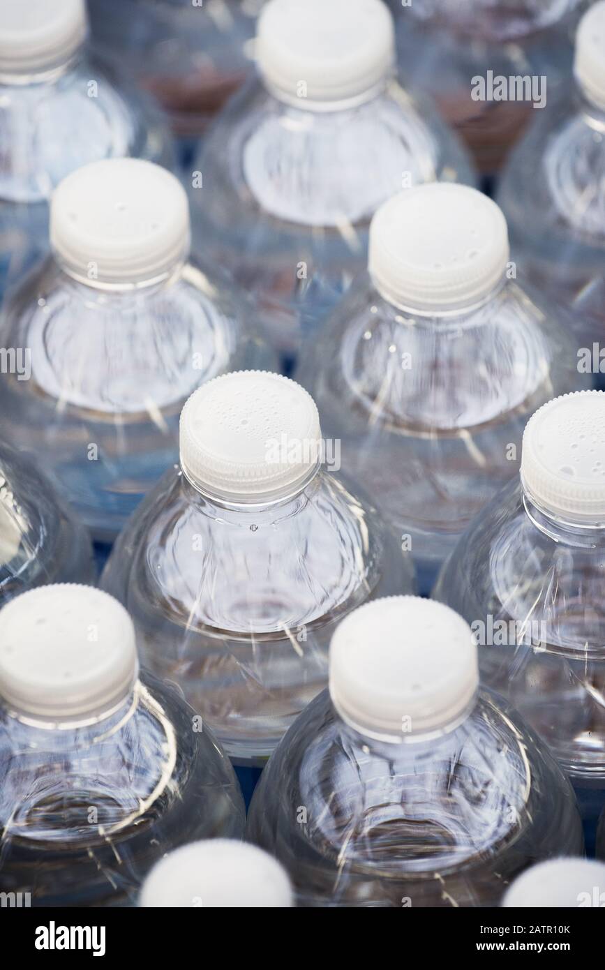 Close up photograph of plastic bottled water. Stock Photo