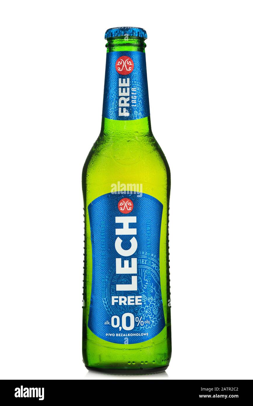 TARNOW, POLAND FEBRUARY 01, 2020 Bottle of Cold Lech NonAlcoholic