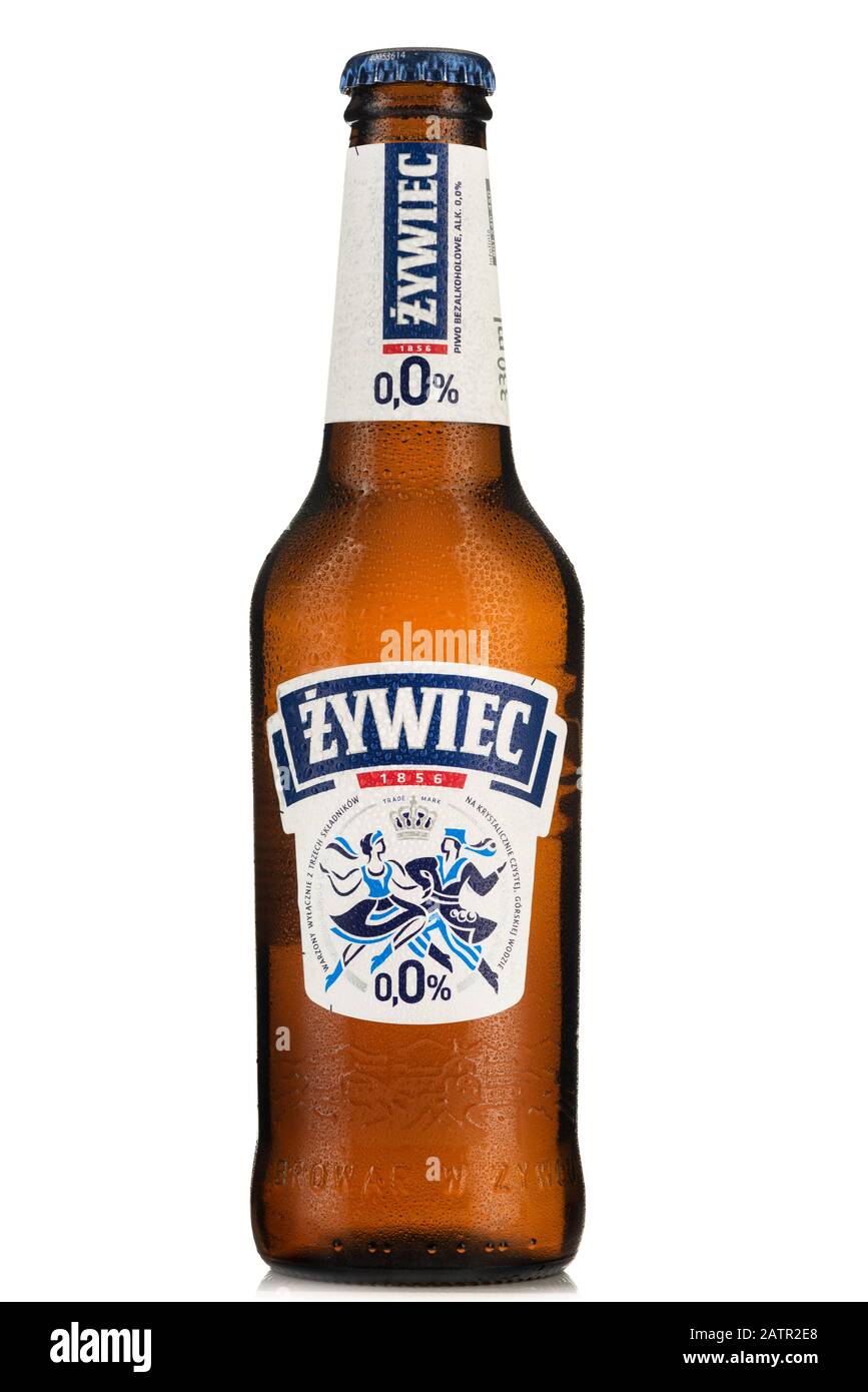 TARNOW, POLAND FEBRUARY 01, 2020 Bottle of Cold Zywiec NonAlcoholic