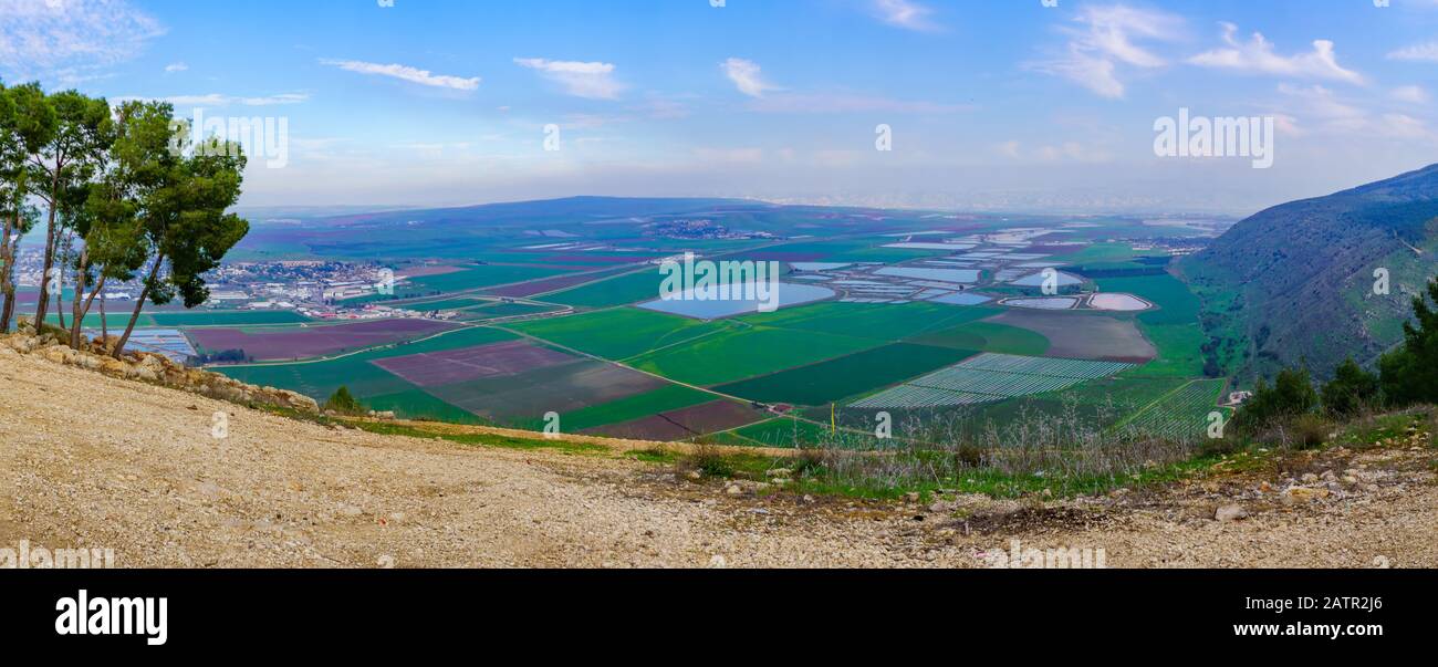 Panoramic view of landscape and countryside in the eastern part of the Jezreel Valley, Northern Israel Stock Photo