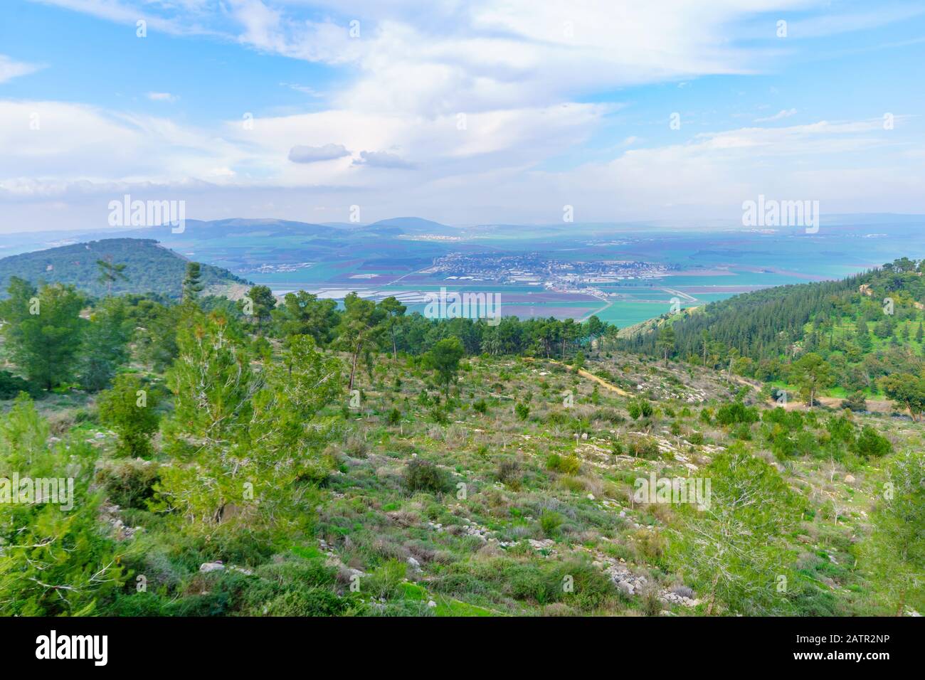 View of landscape and countryside in the eastern part of the Jezreel Valley from the Gilboa ridge, Northern Israel Stock Photo