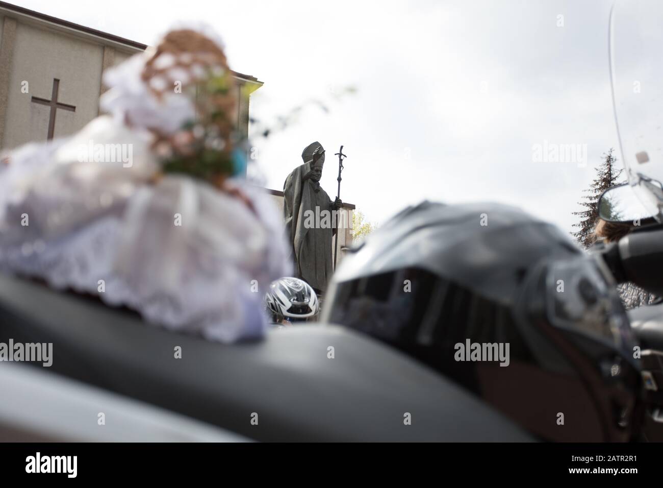 POLAND -15 April 2017:  effectuation of Easter basket and motorcycles in Holy Saturday (Easter Eve), food traditionally blessed before Easter Stock Photo