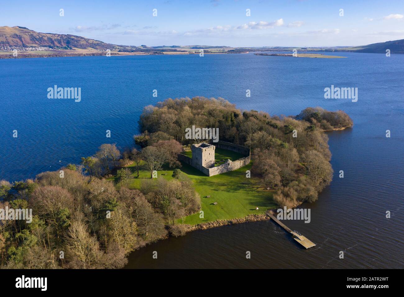 Aerial view of Loch Leven Castle on Loch Leven in Fife, Scotland, UK