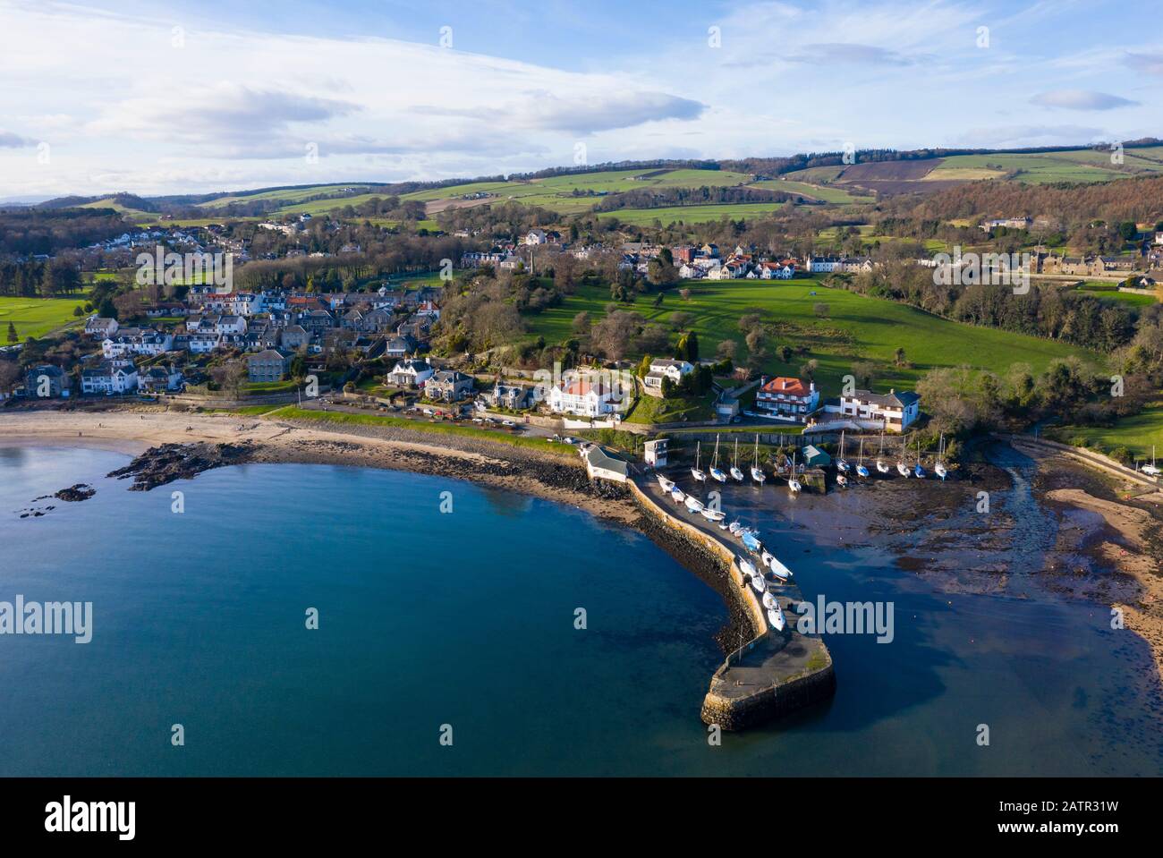 Aerial view of village of Aberdour in Fife, Scotland, UK Stock Photo