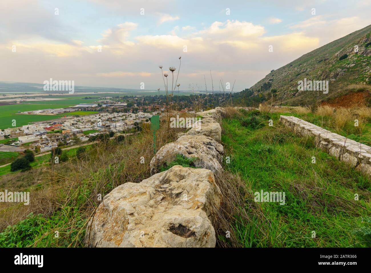 Sunset view of landscape and countryside in the eastern part of the Jezreel Valley with Kibbutz Hefziba, Northern Israel Stock Photo