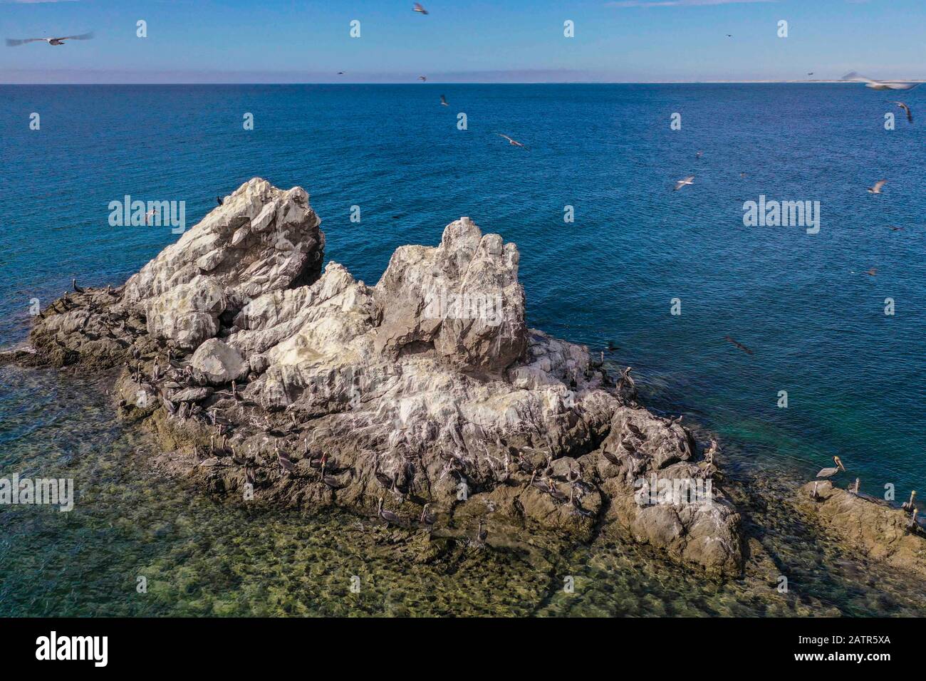 Islets, island in Choyudo beach. stable land area full of guano. Islet is a small island: Cayo, Faralló Islette, Isle, sea water, surrounded, body of water, aera view, vista aera, turquoise, green, blue, color turquesa, color verde, color azul .  islotes, isla en playa el Choyudo. zona terrestre estable plagada de guano. islote es una pequeña isla: cayo, faralló islette, isle ,  agua de mar, rodeada, masa de agua,  (Photo:LuisGutierrez) Stock Photo