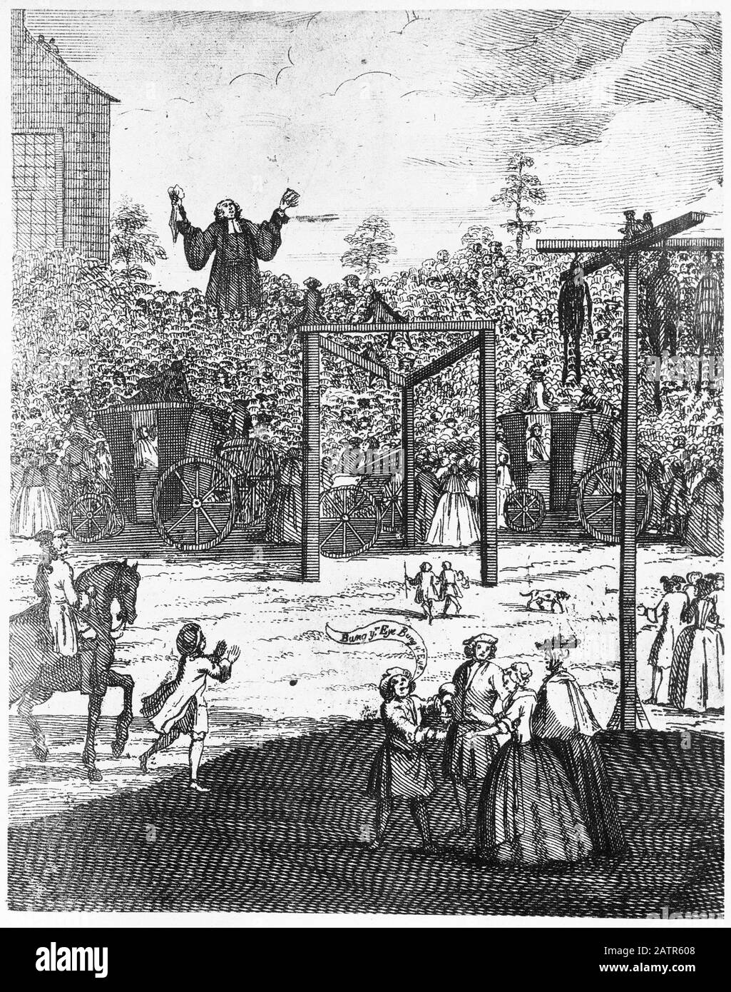 Engraving of George Whitefield preaching at Kensington common. From The Chronicles of Newgate, 1884. Stock Photo