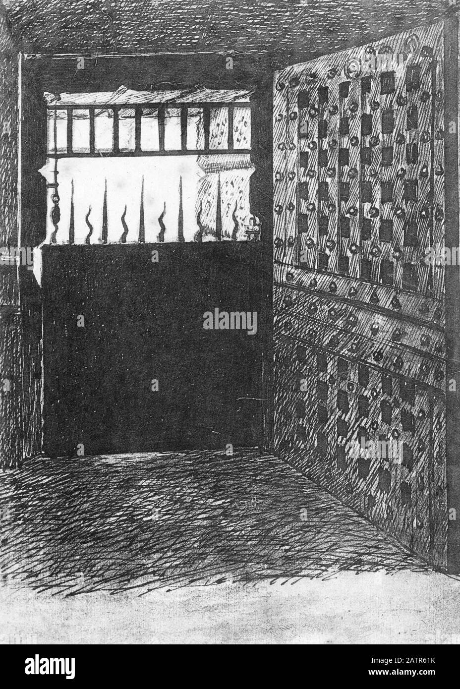 Sketch of a gate at Newgate prison, London, England, 1883. From The Chronicles of Newgate, 1884. Stock Photo