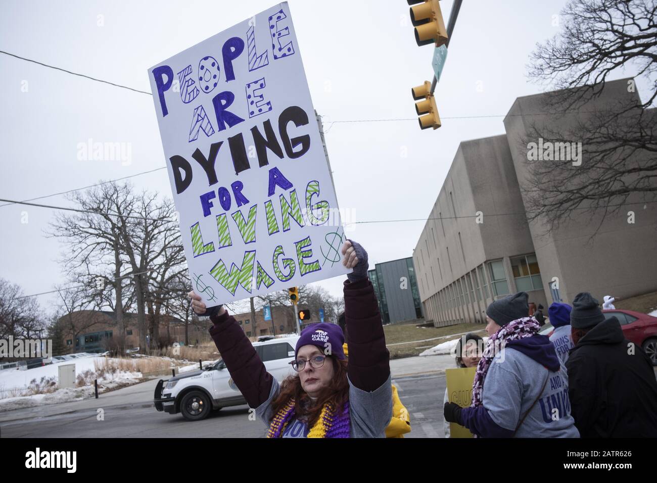 Des Moines, Iowa, USA. 3rd Feb, 2020. SEIU members protesting for union support at the Iowa Caucus. Credit: Rick Majewski/ZUMA Wire/Alamy Live News Stock Photo