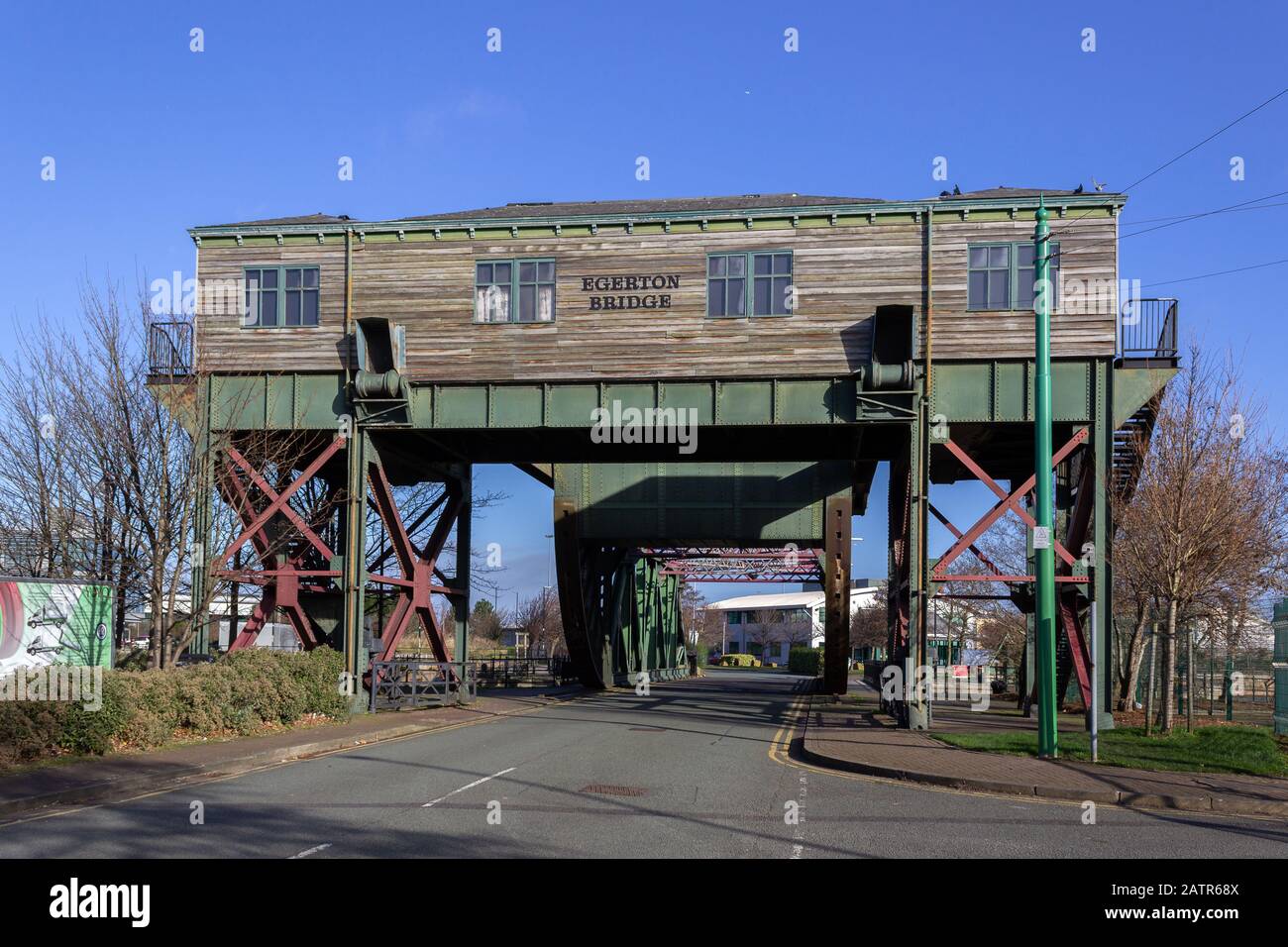 Egerton Bridge, example of a Scherzer rolling lift bridge, Egerton Wharf, Birkenhead Stock Photo