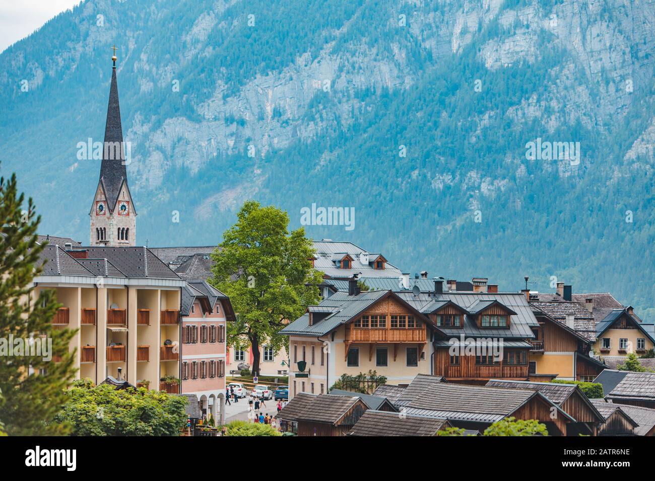 panoramic view of hallstatt city in austria Stock Photo