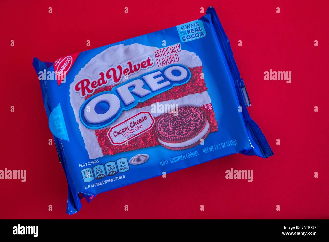 A package of red velvet Oreo cookies for Valentine's day unopened on a red  background closeup on an angle Stock Photo - Alamy