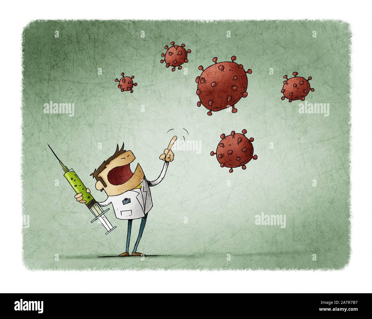 angry scientist with a vaccine in his hand is threatening the nCoV virus Stock Photo