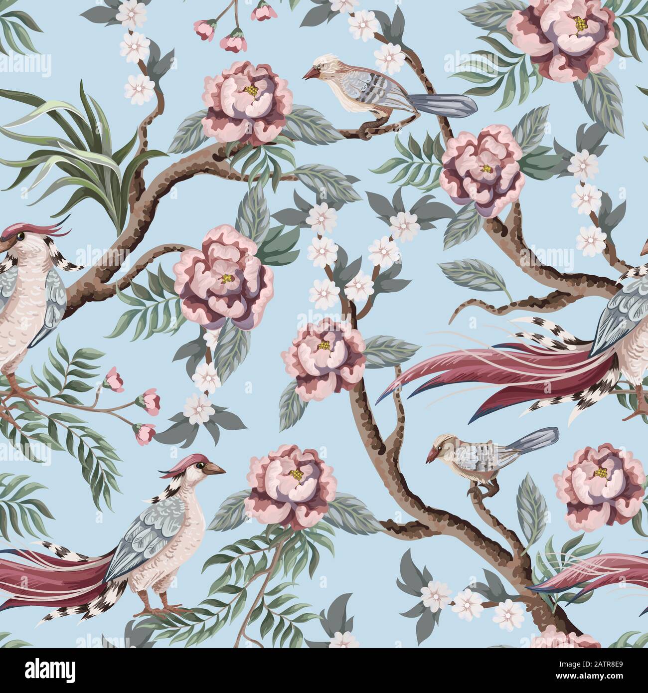 Seamless pattern in chinoiserie style with storks, birds and peonies. Vector, Stock Vector