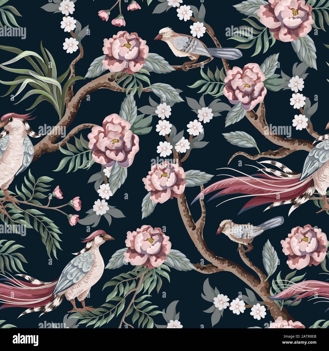 Seamless pattern in chinoiserie style with storks, birds and peonies. Vector, Stock Vector