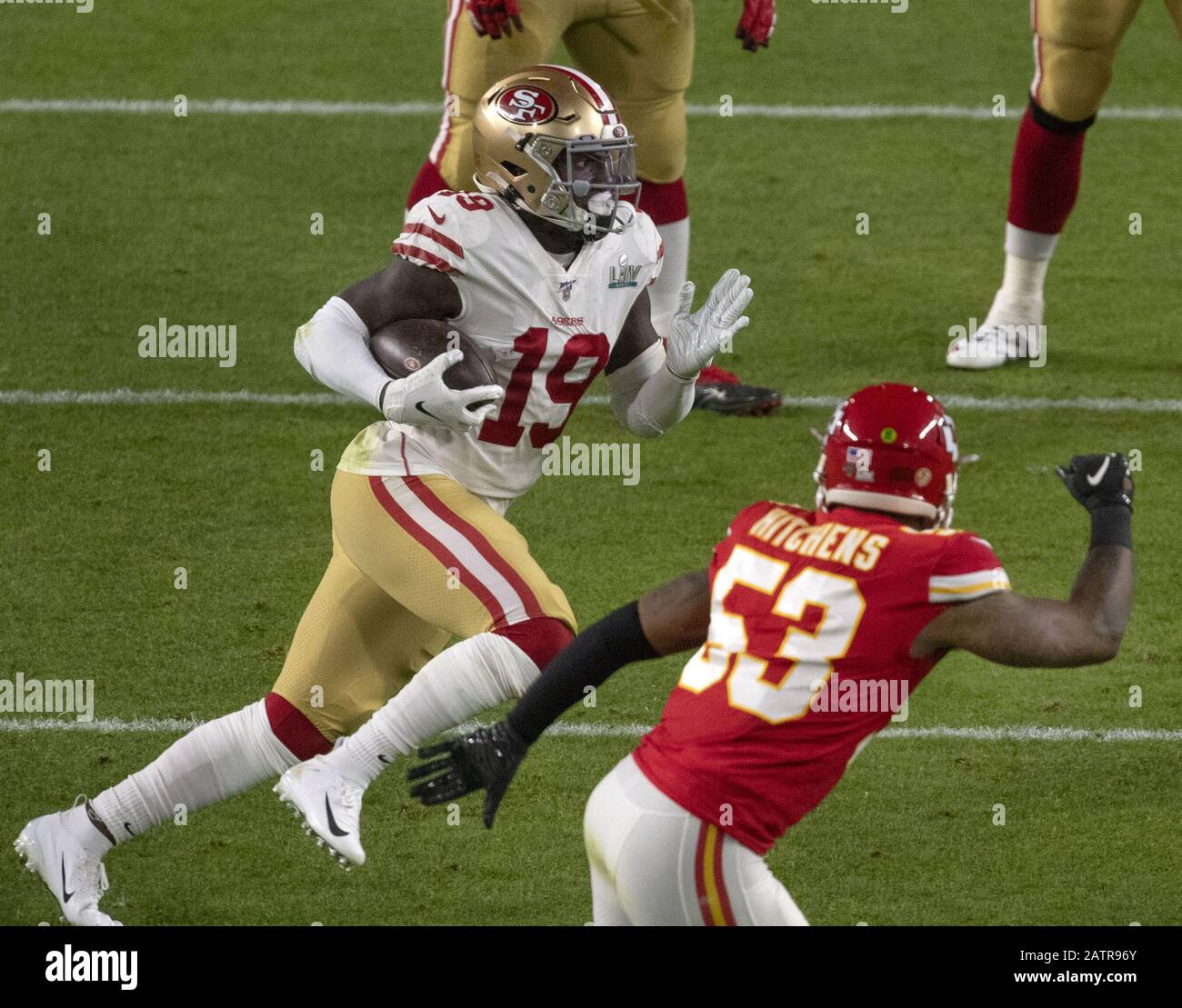 San Francisco 49ers tight end Levine Toilolo (83) celebrates during the NFL  football NFC Championship game against the Green Bay Packers, Sunday, Jan.  19, 2020, in Santa Clara, Calif. The 49ers defeated