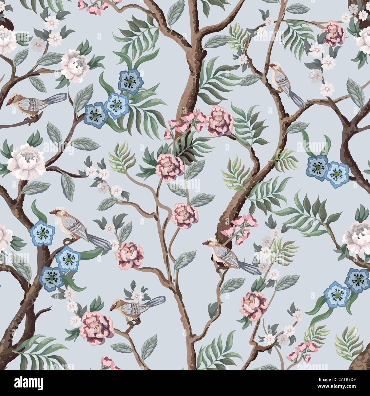 Seamless pattern in chinoiserie style with peonies trees and birds . Vector, Stock Vector