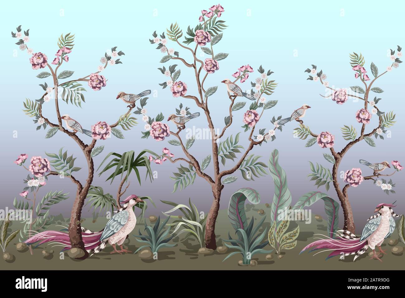 Border in chinoiserie style with birds and peonies. Vector. Stock Vector