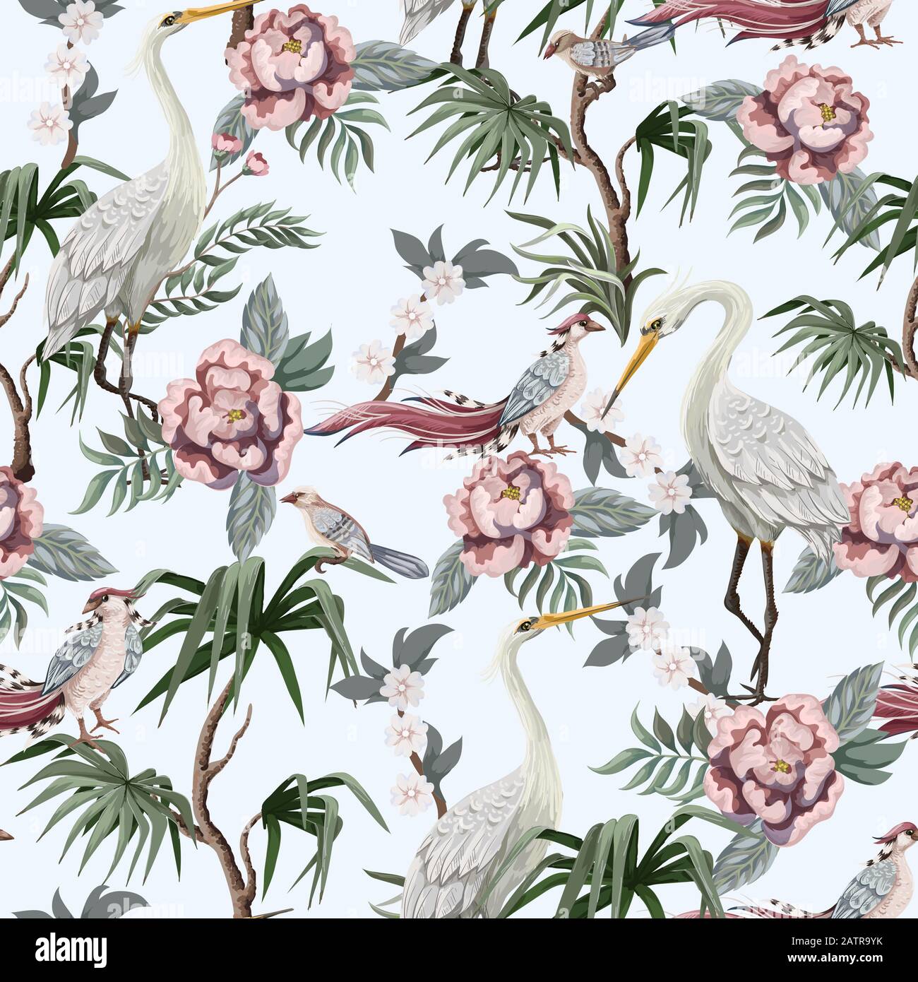 Seamless pattern in chinoiserie style with storks, birds and peonies. Vector, Stock Vector