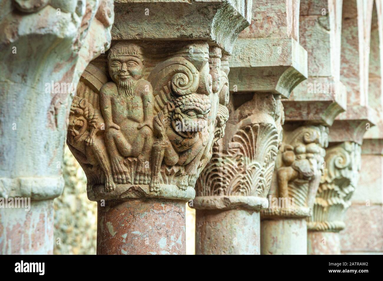 Romanesque capitals, Abbey of San Michele di Cuxa, Codalet Stock Photo