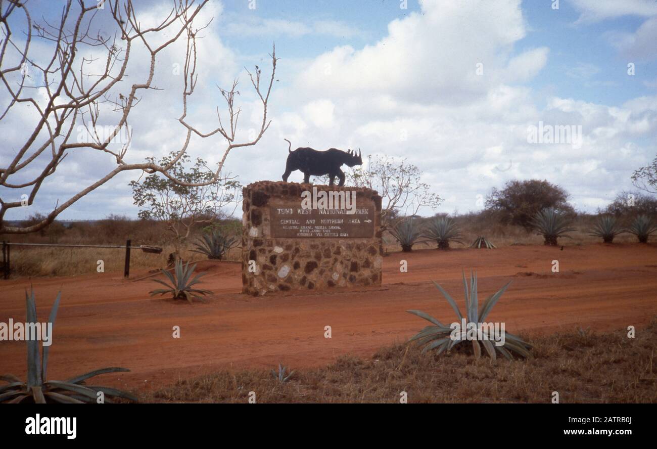 Sign at entrance to Tsavo West National Park, Kenya, 1987. () Stock Photo