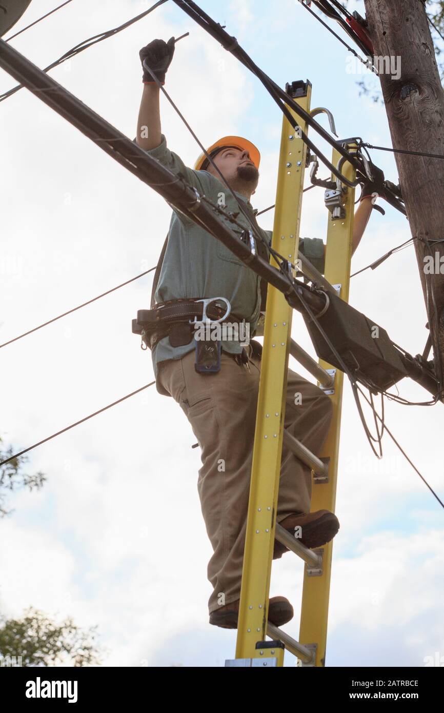 Tradesman standing on a ladder working with overhead cables Stock Photo