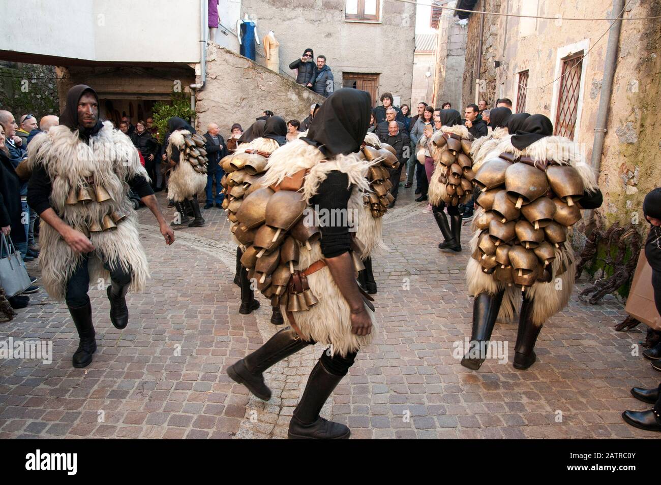 The Sonaggios Sardinian mask dancing at Carnival of Barbagia, Ortueri, Sardinia, Italy; 8/12/2019 Stock Photo