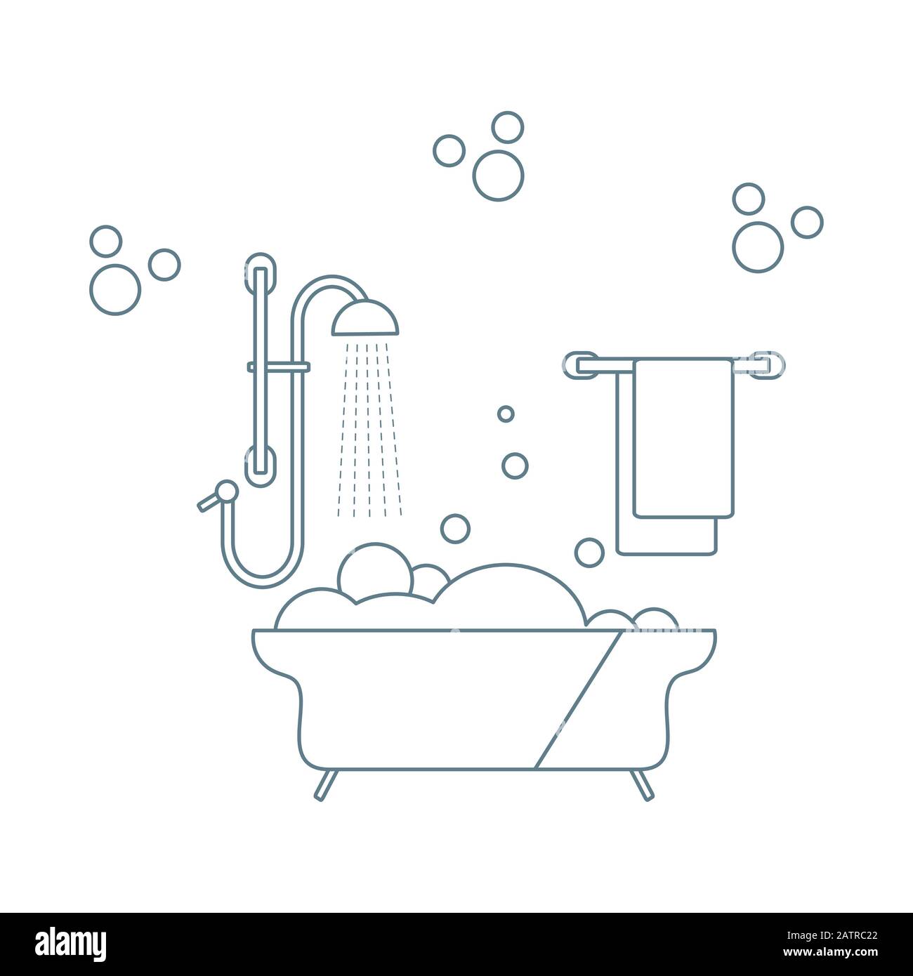 Vector illustration Bath, shower, bubbles, towel, hanger. Bath time