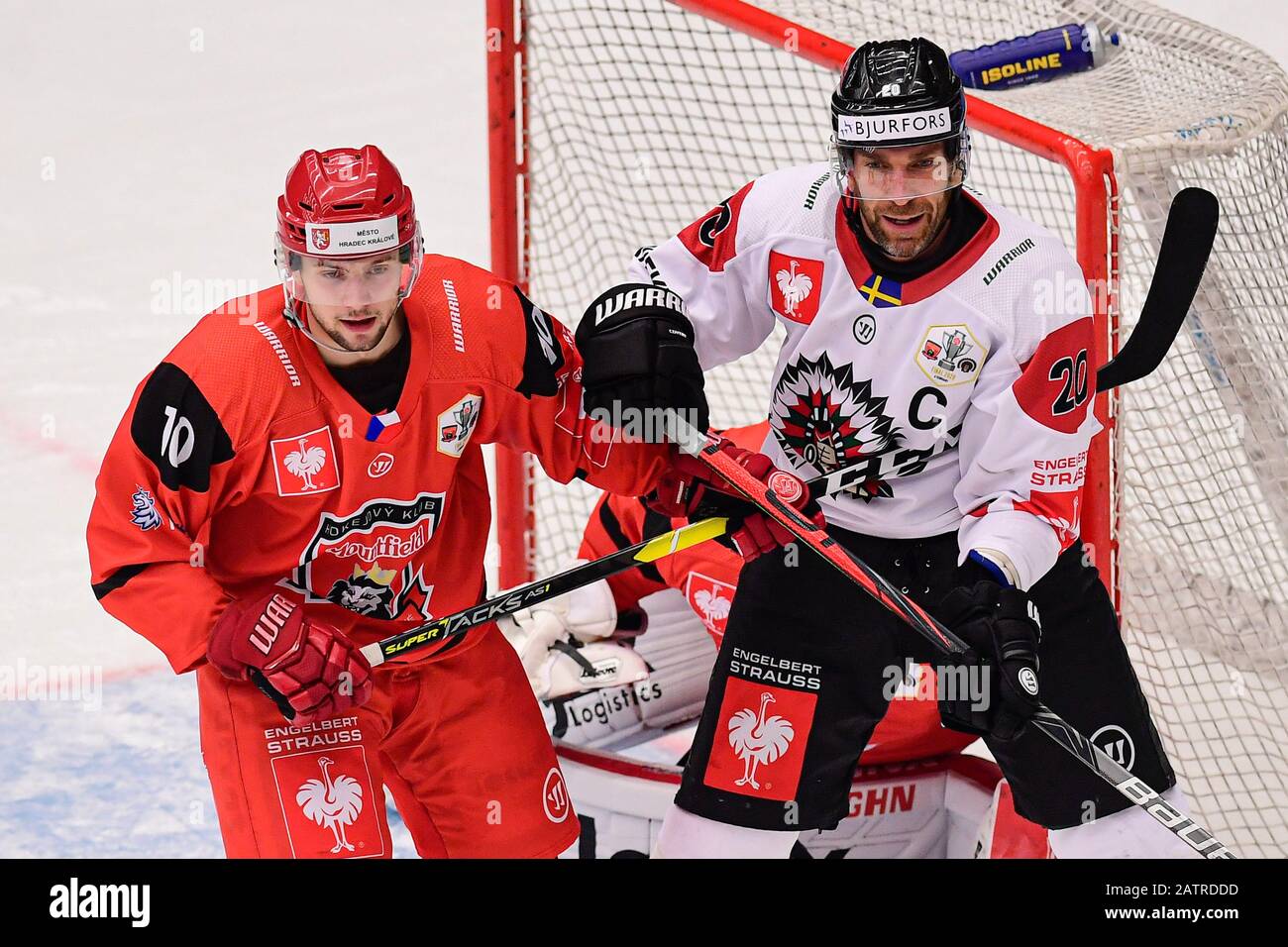 From left MICHAEL GASPAR of Hradec Kralove and JOEL LUNDQVIST of Frolunda in action during the Ice hockey Champions League playoff final: Hradec Kralove vs Frolunda (Sweden) in Hradec Kralove, Czech Republic, February 4, 2020. (CTK Photo/David Tanecek) Stock Photo