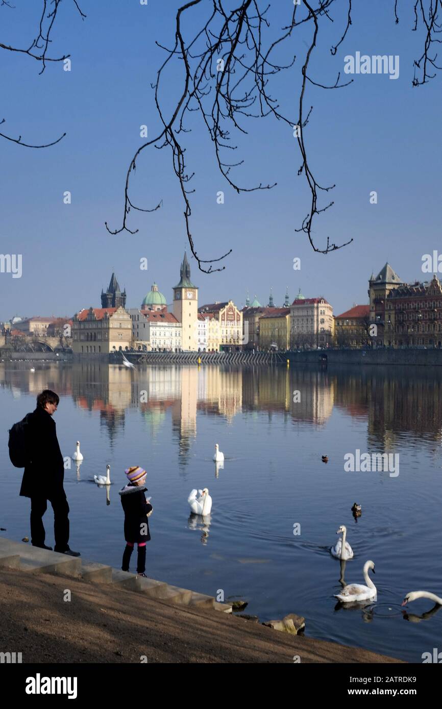 Prague, Czech Republic. 4th Feb, 2020. People feeding birds on the river Vltava in Prague in the Czech Republic. Some areas that will start the week with March-like temperatures could see sunny and warm by midweek. Credit: Slavek Ruta/ZUMA Wire/Alamy Live News Stock Photo