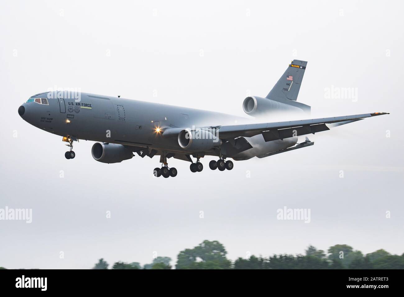 FAIRFORD / UNITED KINGDOM - JULY 12, 2018: United States Air Force USAF KC-10A Extender 87-0120 transport tanker plane arrival and landing for RIAT Ro Stock Photo