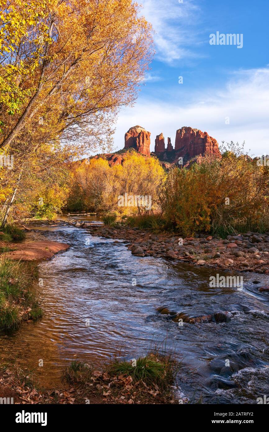 Scenic view of Cathedral Rock at Red Rock Crossing in Sedona, Arizona Stock Photo