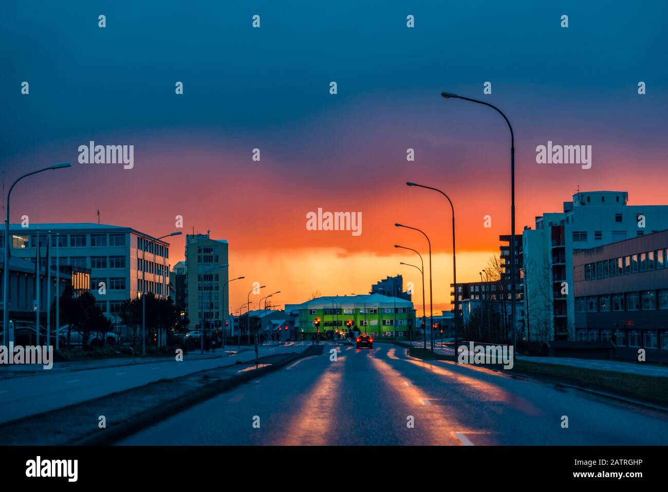 Reykjavik street at sunset; Iceland Stock Photo